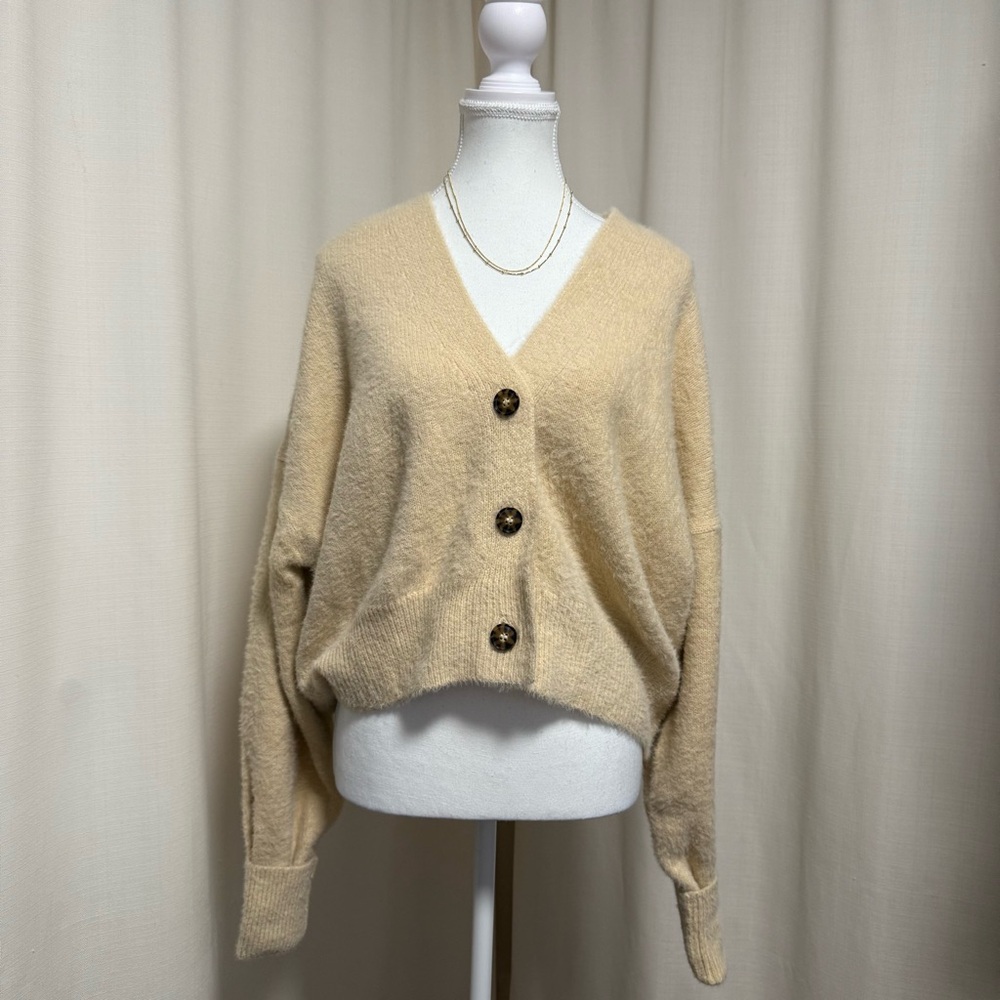 UO Cozy V-Neck Button Cardigan Sweater in Butter